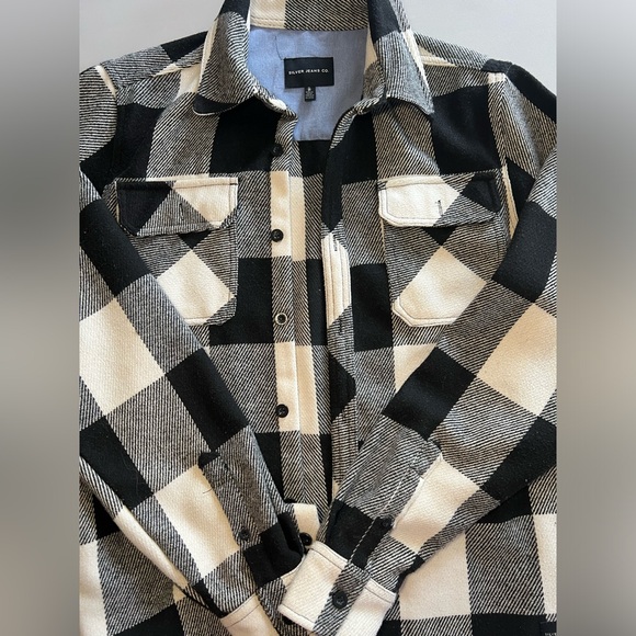 Silver Jeans Co. Wool Blend Black & White Plaid Button Up Shirt Jacket. - Picture 2 of 13